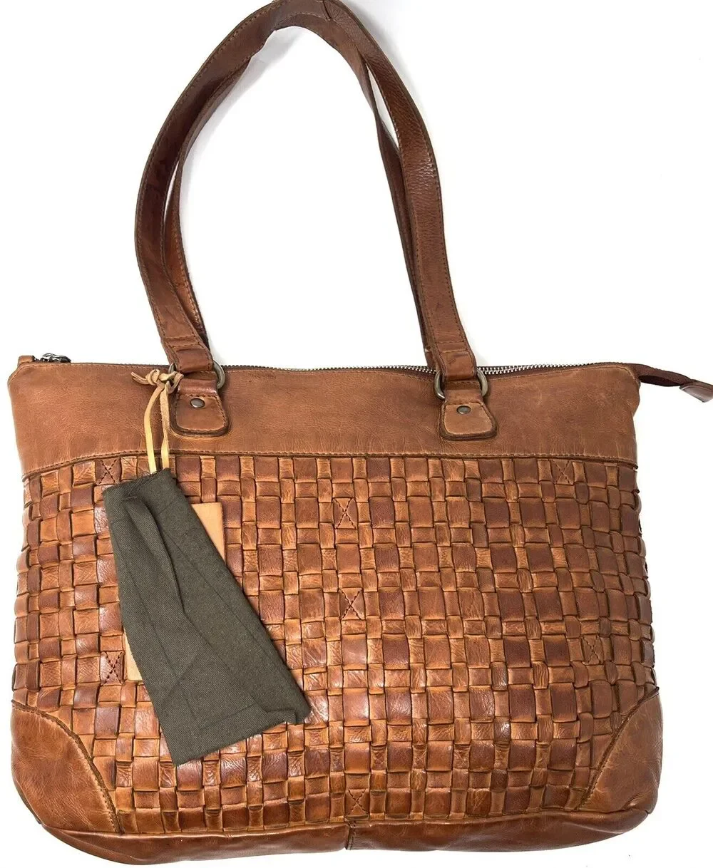 Vilenca Holland Laptop Shoulder Tote Bag Distressed Leather Brown Cognac NWT